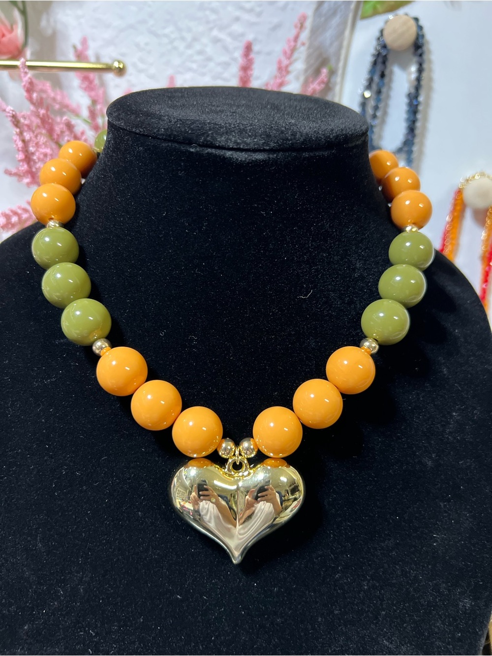 Gold Heart Pendant Necklace with Orange and Olive Beads